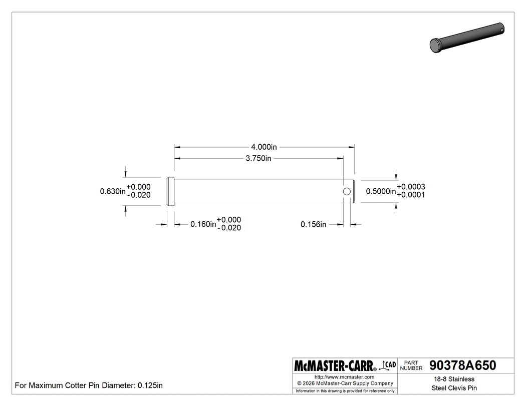Technical Drawing of Corrosion-Resistant 18-8 Stainless Steel Clevis Pin, Oversized, 1/2" Diameter, 3-3/4" Usable Length.